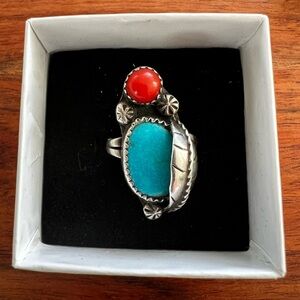 Vintage Navajo Turquoise snd Coral Ring 5.5